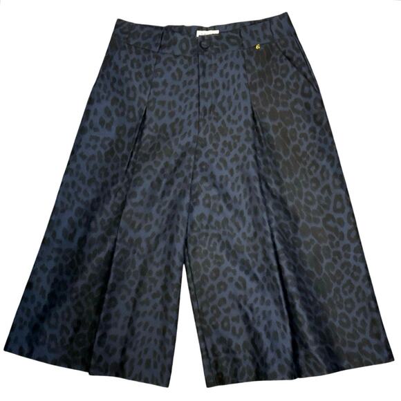Harlyn Anthropologie Black Blue Leopard Print Onca Culotte Pants Sz 12 Wide Leg - Picture 2 of 9